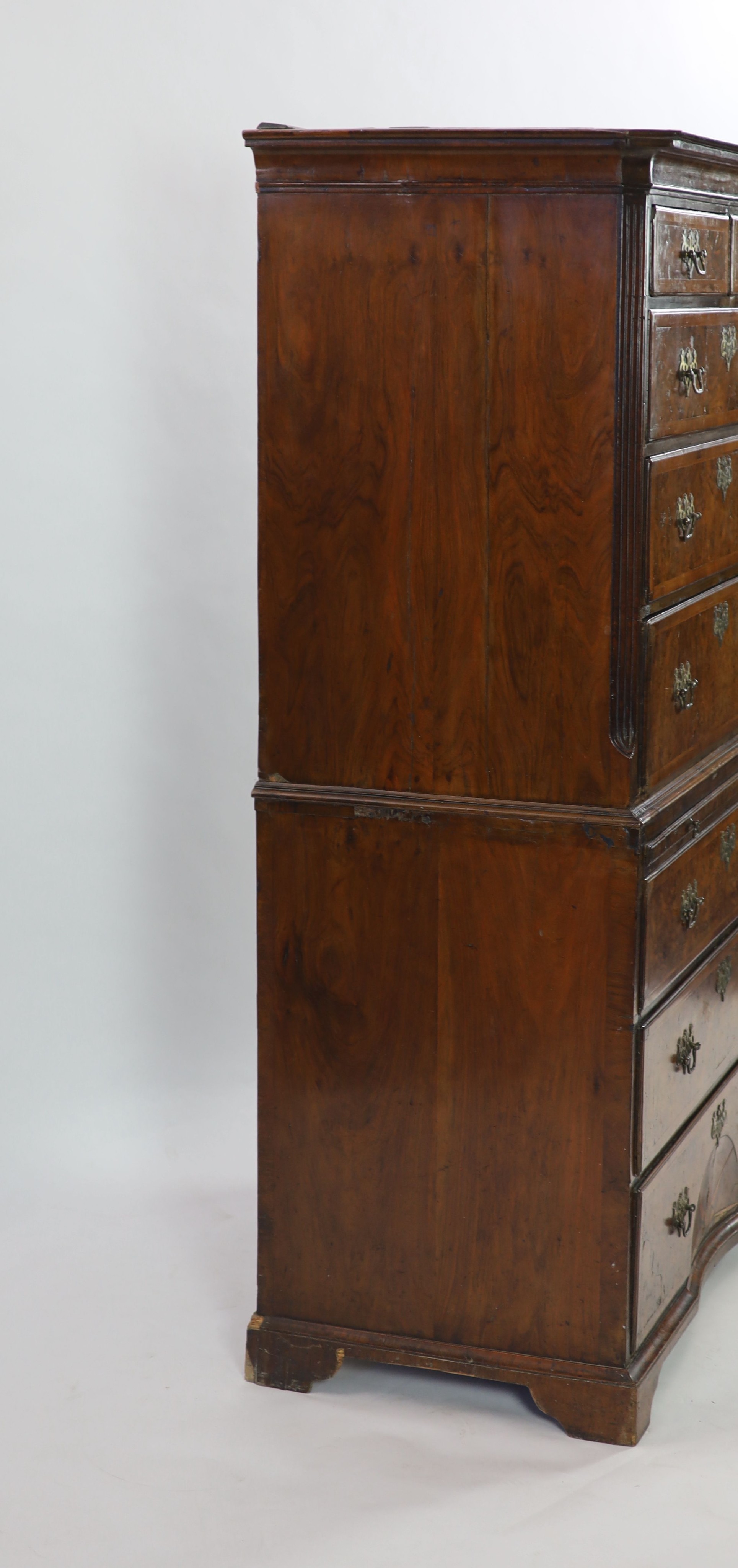A George I crossbanded burr walnut chest on chest W.101cm D.57cm H.171cm